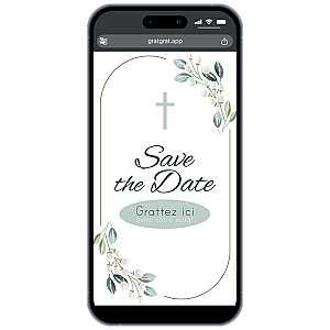 Save The Date Baptême ou Communion à Gratter Virtuel – Carte Interactive Personnalisable Feuillage & Croix Chrétienne