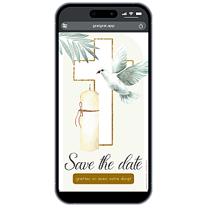 Save the Date Virtuel Baptême ou Communion - Colombe et Bougie - Carte à Gratter Numérique Personnalisable