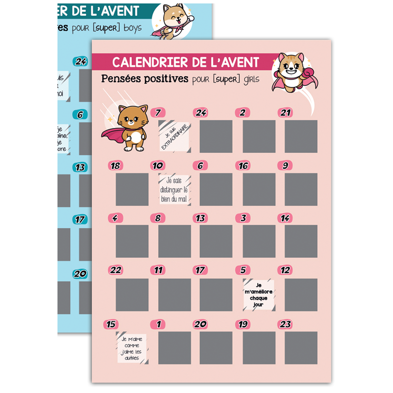 Calendrier de l'Avent à Gratter, Bienveillance et Messages Positifs, Enfant Fille ou Garçon