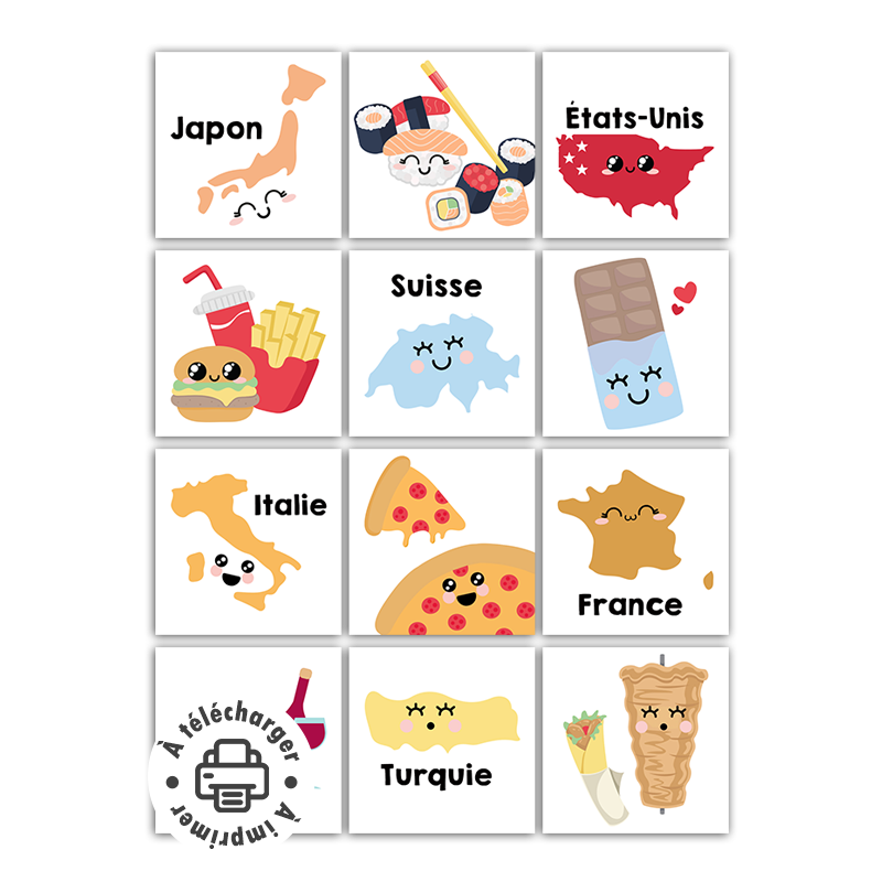 Jeu d'association à imprimer : Magnets pays et gastronomie du monde