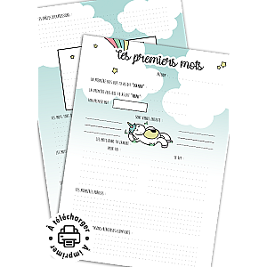 Fiche à imprimer « Tes premiers mots » : Souvenir d'enfant (Thème Licorne)