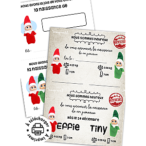 Faire-part de naissance à imprimer : L'arrivée du bébé elfe de Noël