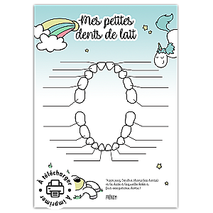 Fiche de suivi des dents de lait bébé à imprimer (Modèle Licorne)