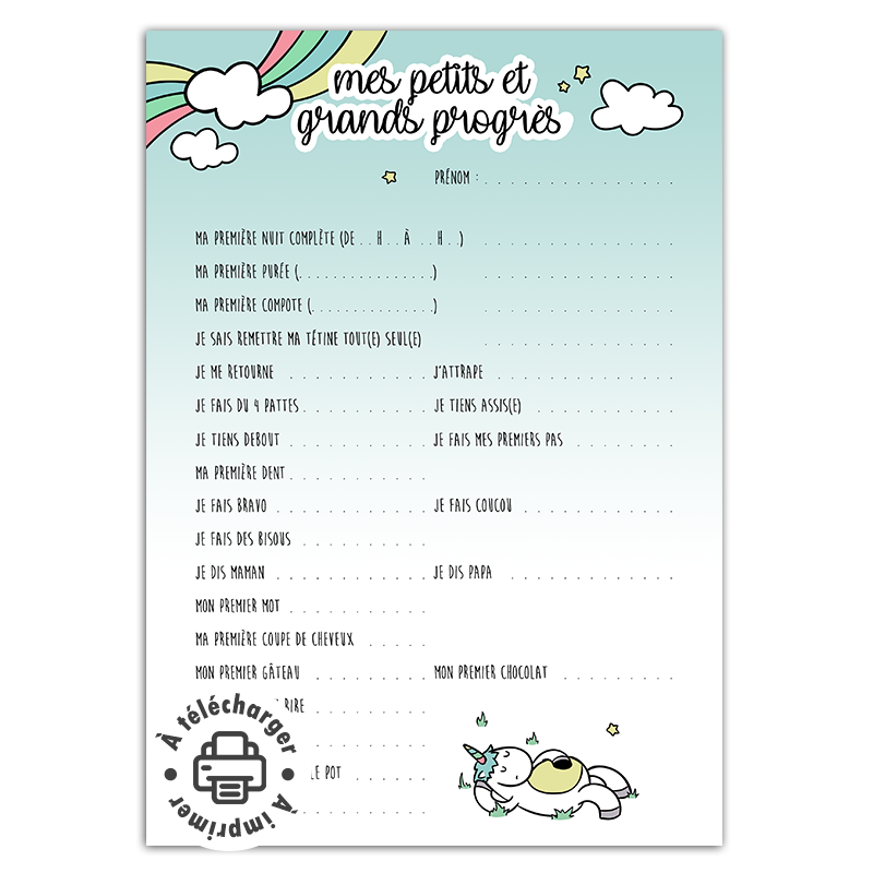 Fiche des petits et grands progrès de bébé à imprimer (Modèle Licorne)