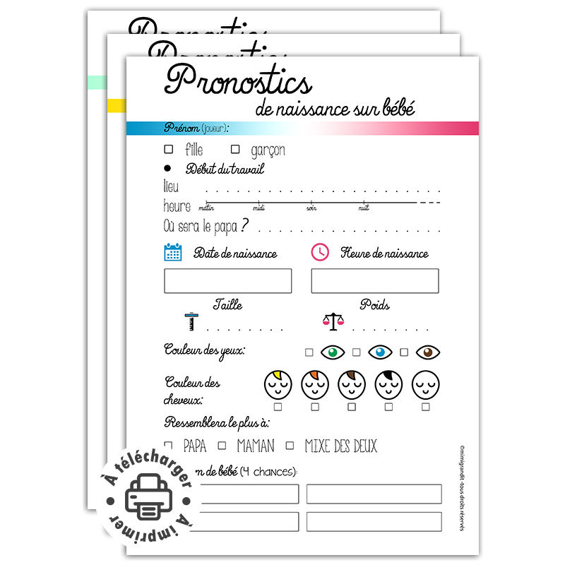Fiche pronostics baby shower à imprimer – 3 coloris au choix